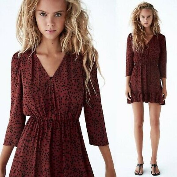 New Zara Long-Sleeved Dark Burgundy Mini Dress - Picture 2 of 5